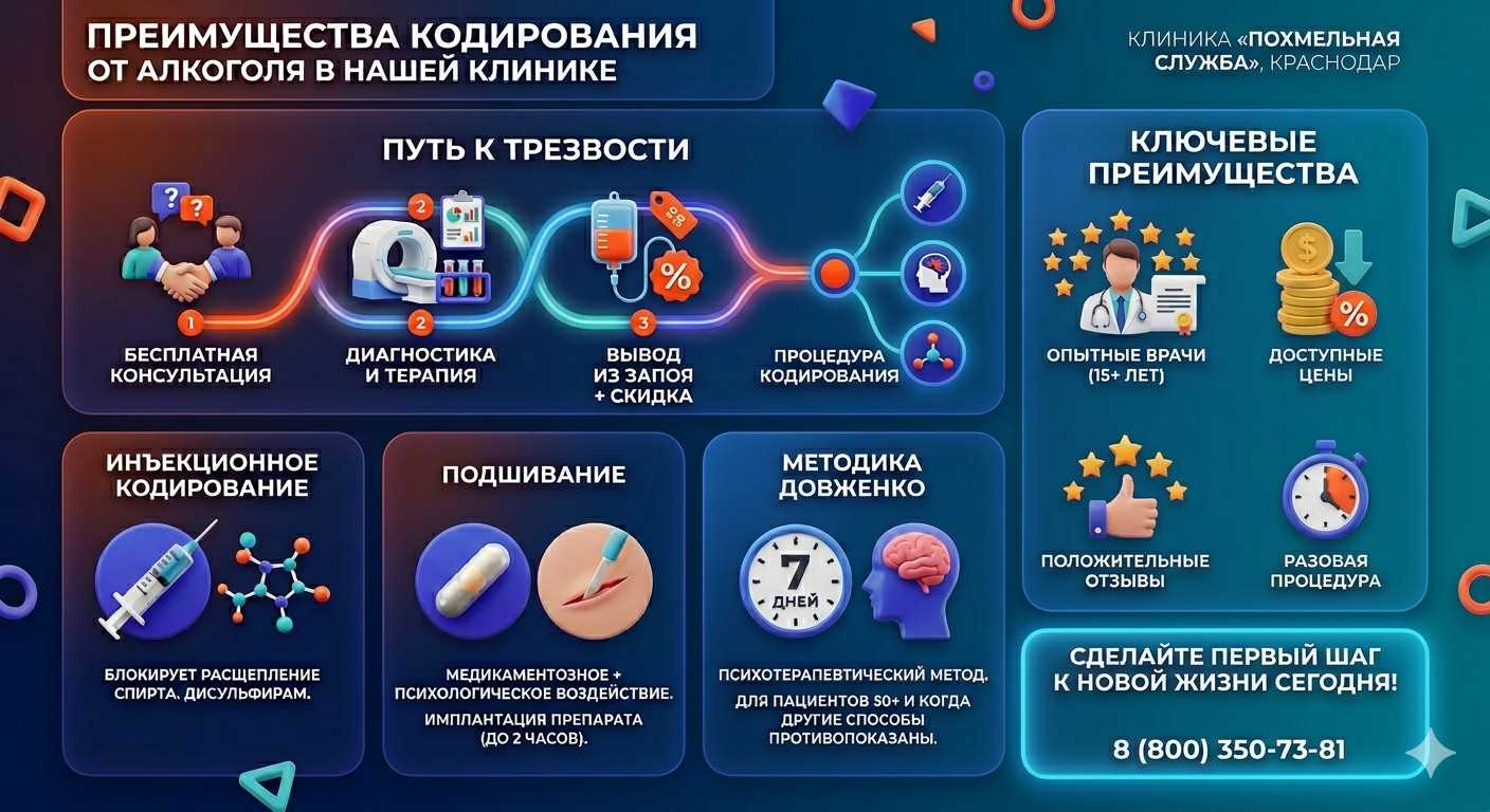 Инфографика о методах кодирования от алкоголя в Дубовке: инъекции, подшивание, метод Довженко. Преимущества клиники и этапы лечения.